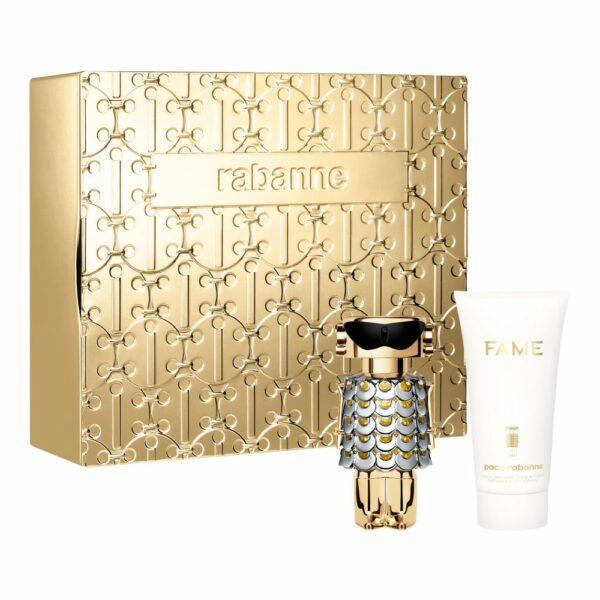 Set Paco Rabanne Fame con flacone EDP 50ml, scatola dorata e tubo crema