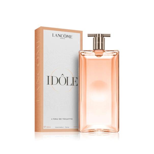 Flacone Lancôme Idole in vetro trasparente con liquido rosa-pesca, pompetta spray oro e scatola bianca beige