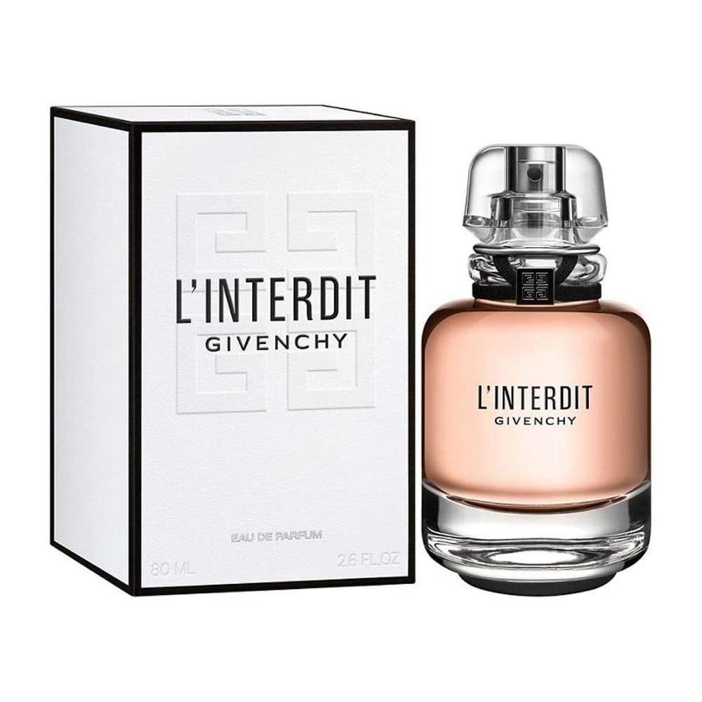 Givenchy L'Interdit 50ml: bottiglia trasparente con liquido pesca e confezione bianca