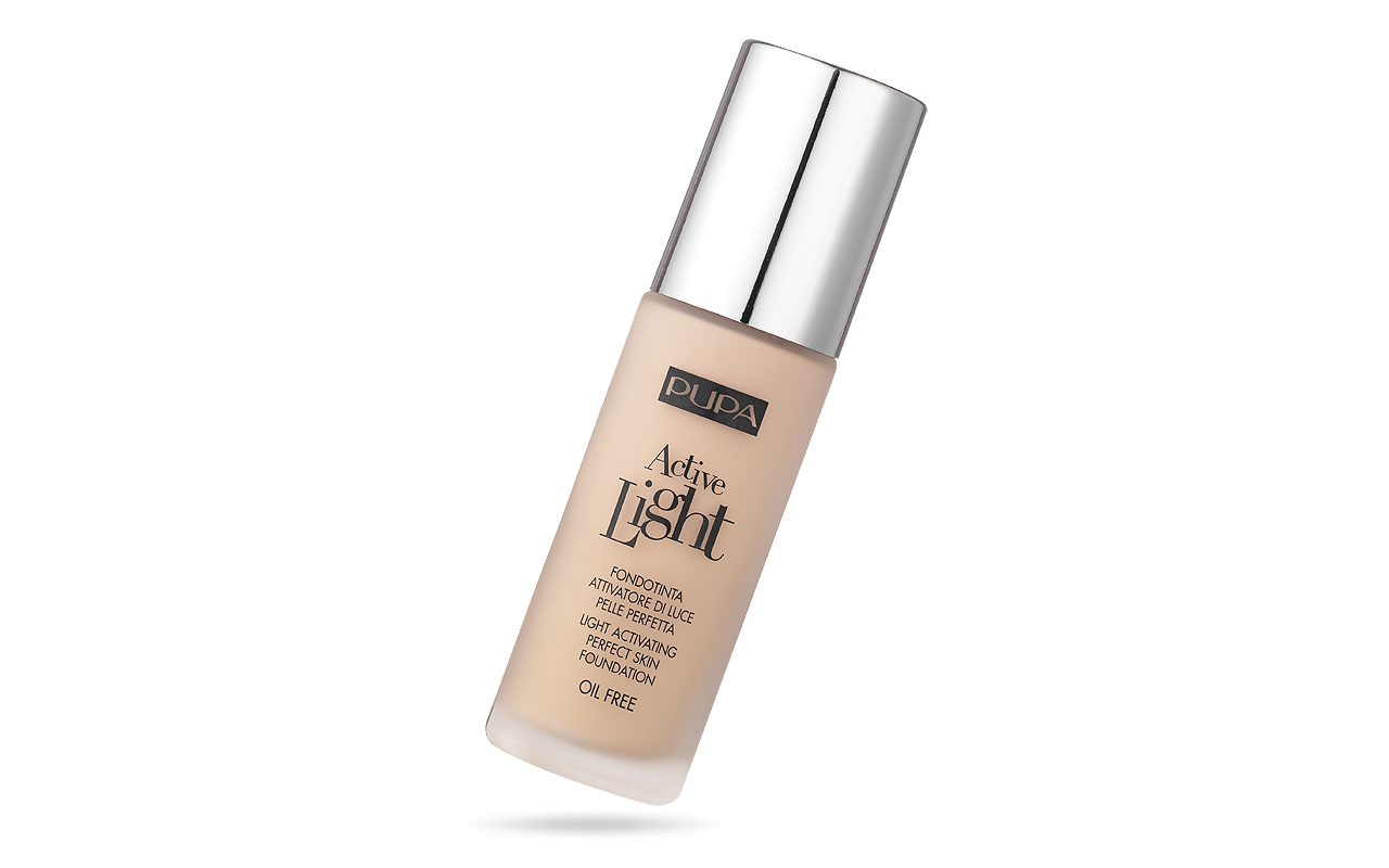 Fondotinta PUPA Active Light tonalità 20, flacone beige con pompa dosatrice