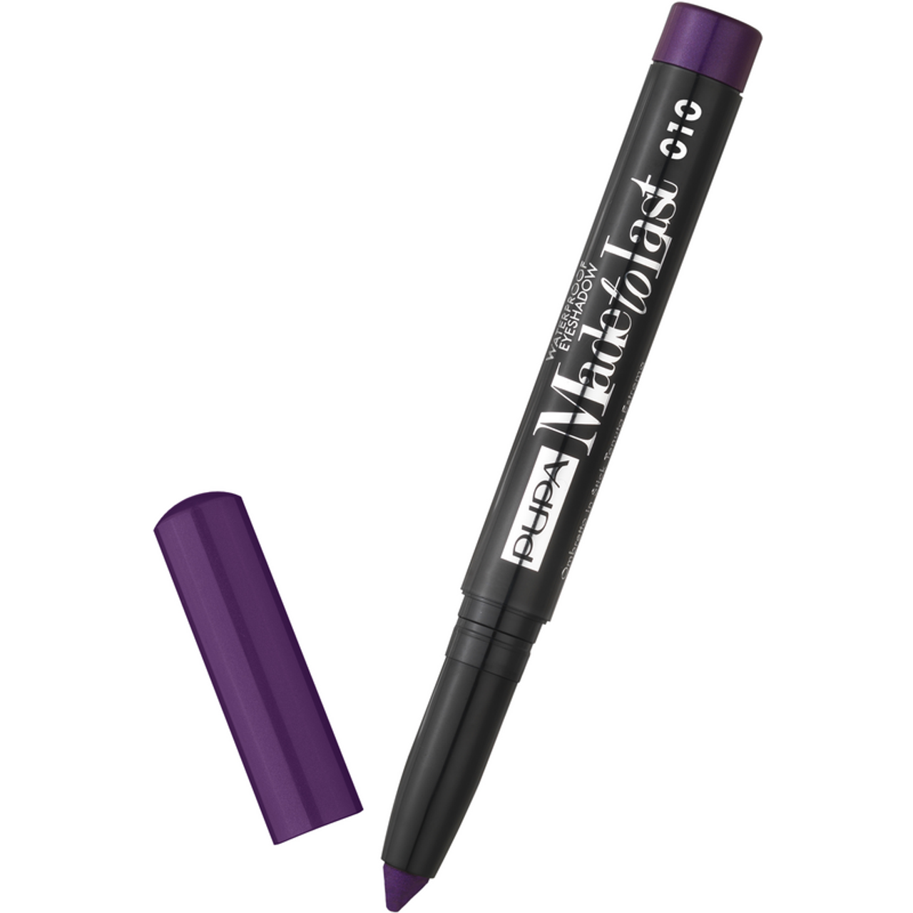 pupa pupa made to last wp eyeshad10 - foto 1 Eyeliner in penna a punta fine, colore viola prugna, con coperchio aperto accanto su sfondo bianco