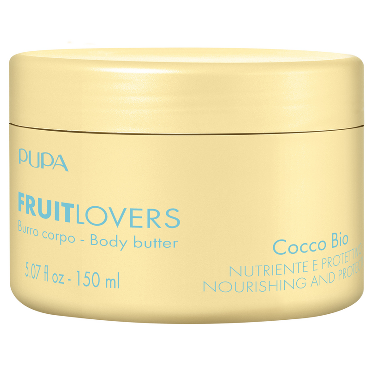 Barattolo di crema burro corpo Pupa Fruit Lovers al cocco, formato 150ml, sfondo bianco