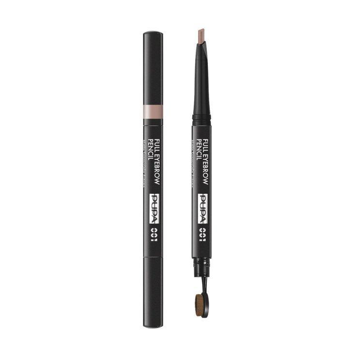 Matita per sopracciglia PUPA Full Eyebrow Pencil nera, due viste con punta aperta e chiusa