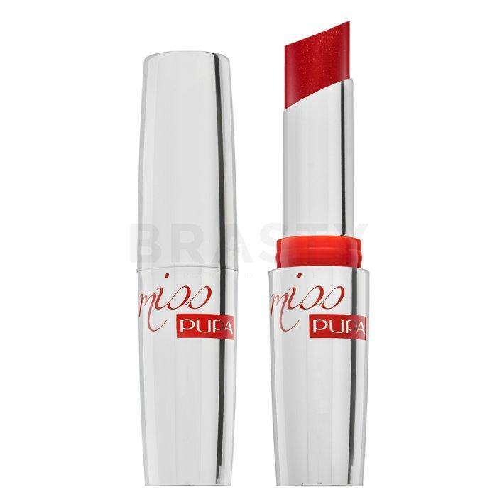Rossetto Miss Pupa numero 100 rosso scuro, tubo bianco, logo Pupa rosso - vista chiusa e aperta