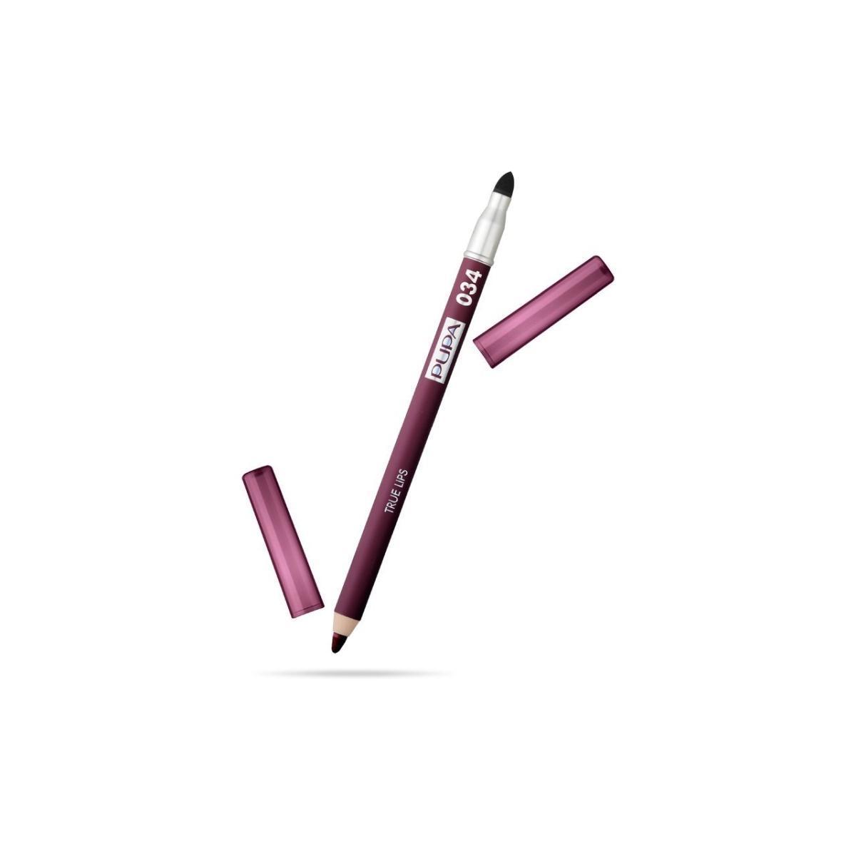 Matita labbra PUPA True Lips N.34 wine, tre elementi su sfondo bianco