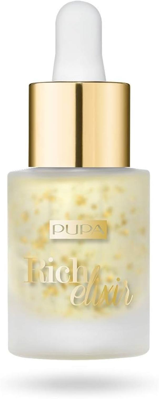 Flacone contagocce con tappo bianco e ghiera dorata - Primer olio per labbra Pupa Rich Elixir