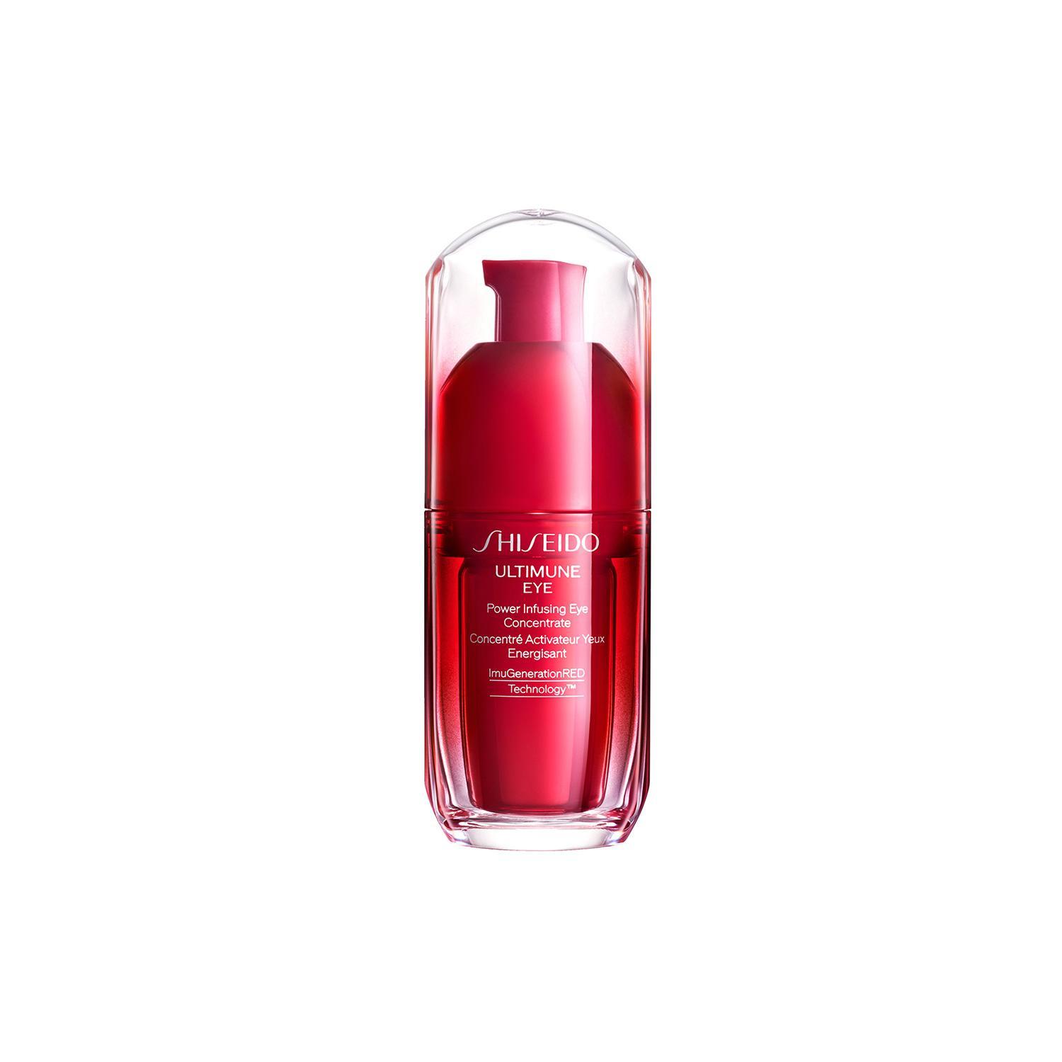 Flacone siero Ultimune Eye Concentrate Shiseido, colore rosso scuro, confezione trasparente
