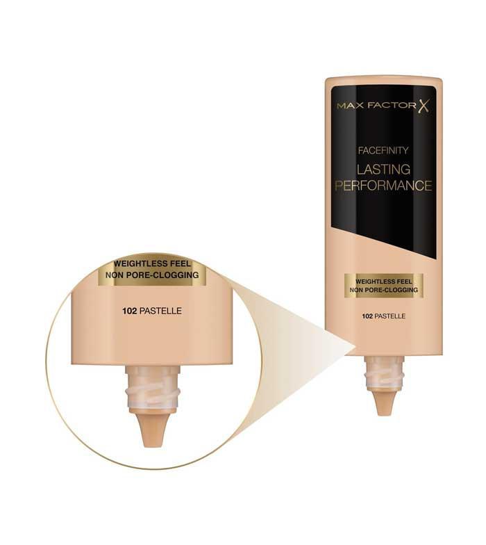 Fondotinta liquido beige MAX FACTOR con bottiglia dispenser e dettaglio della pompa dorata