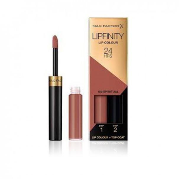 Set Max Factor Lip Finity N.180 con rossetto liquido e top coat, vista frontale