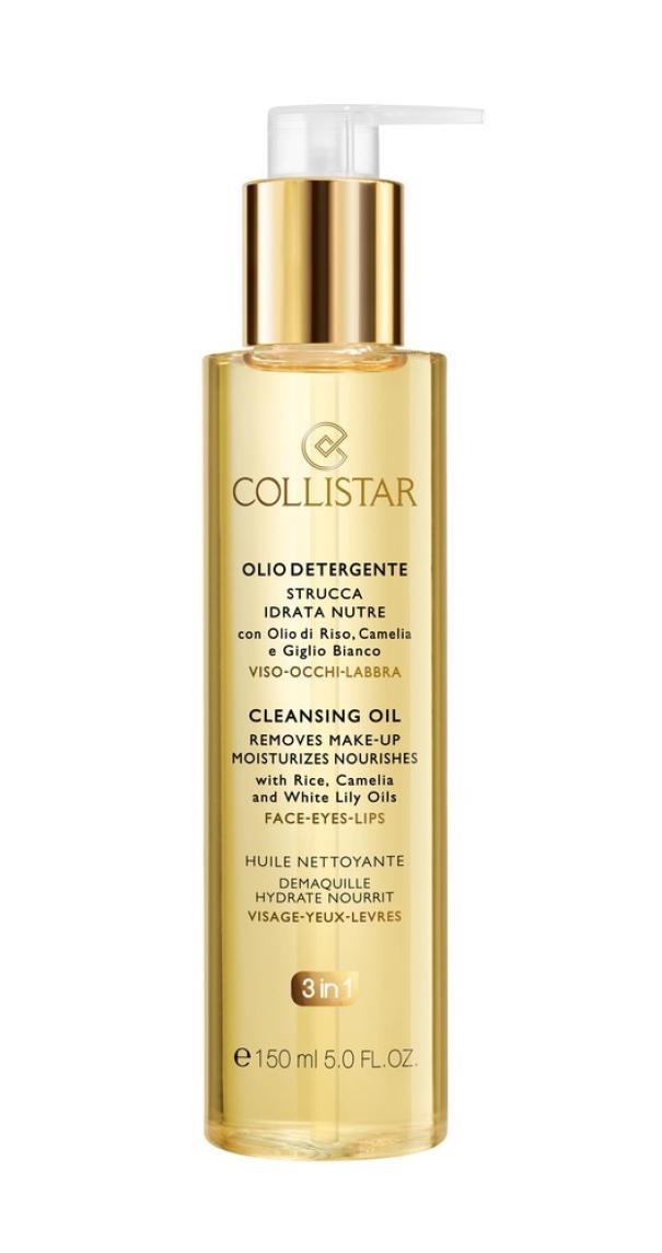 Bottiglia di olio detergente Collistar da 150ml con pompa, colore oro su sfondo bianco