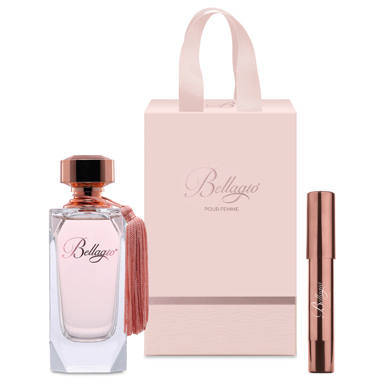 Set profumo Veralab con bottiglia rosa, borsetta shopping carta, matita occhi