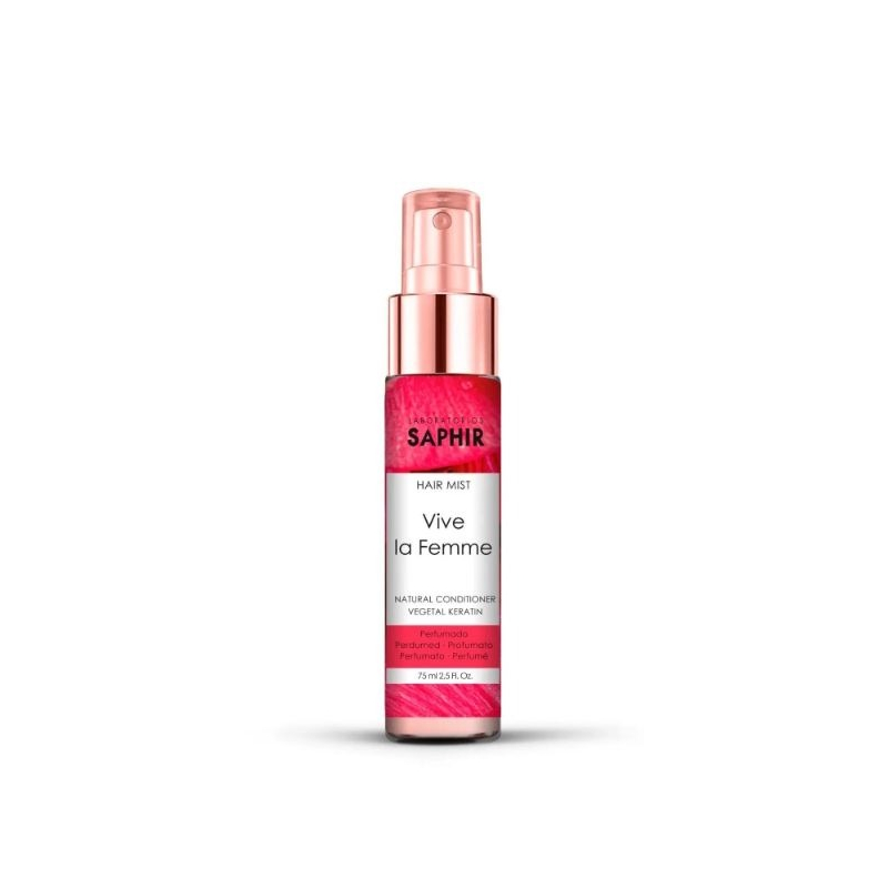 saphir parfums saphir hair mist vive 75ml 82307 - foto 1 Hair mist spray Saphir Parfums Vive, flacone 75ml con pomello trasparente ed etichetta rosa magenta