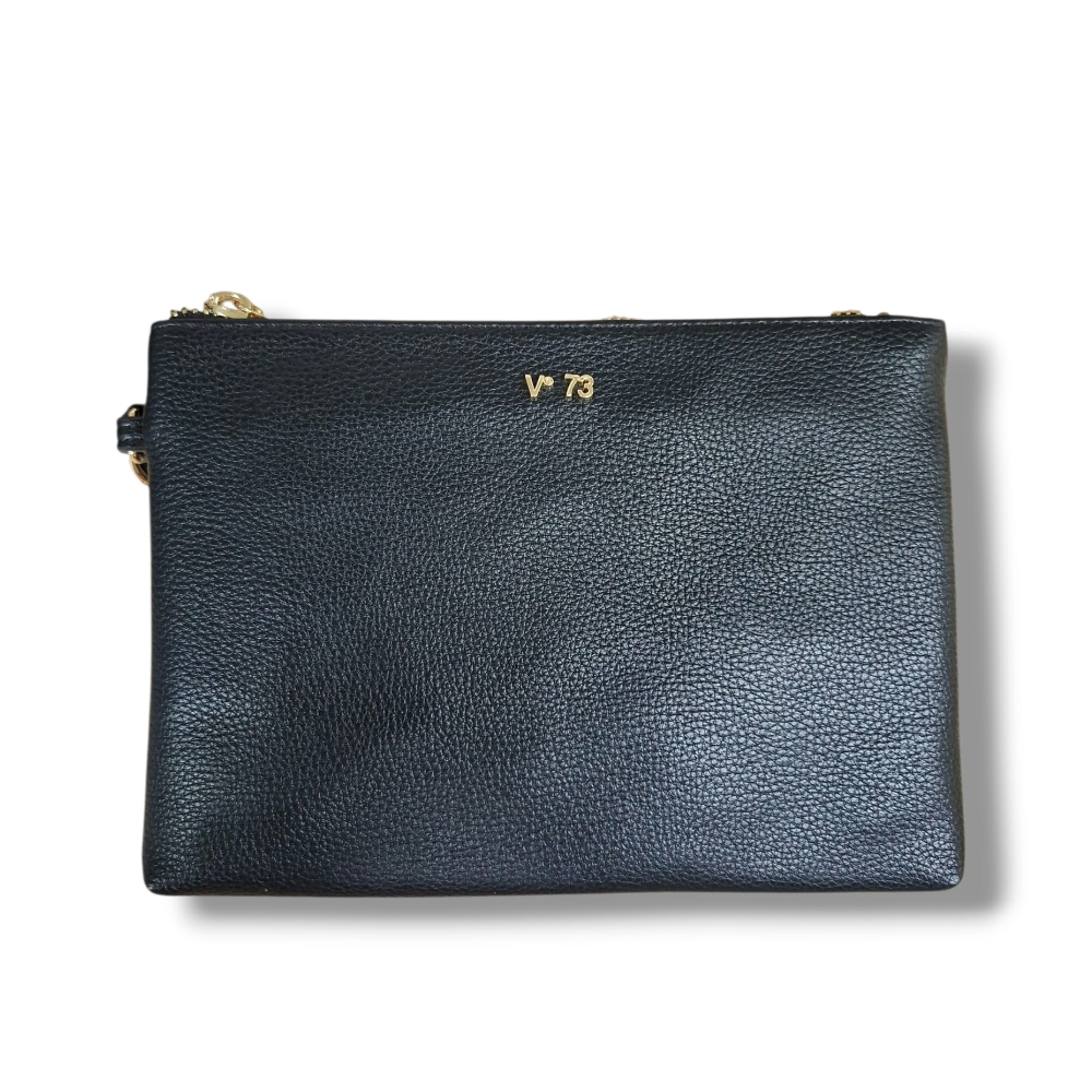 Borsetta V°73 nero-grigio sintetica con logo oro, zip e dettagli dorati