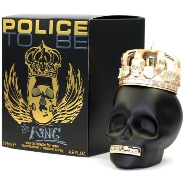 Confezione profumo POLICE TO BE KING con scatola nera e dorata e flacone a forma di teschio nero con corona