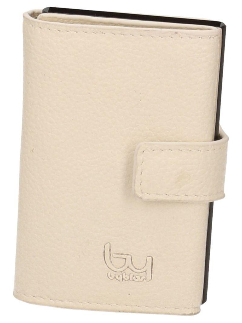 Portafoglio sintetico beige con chiusura a pressione e logo ricamato