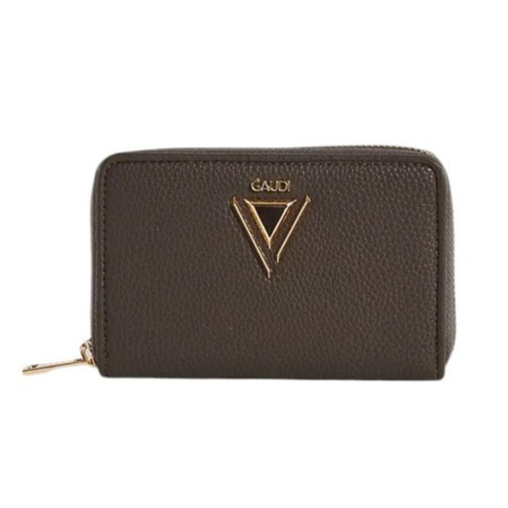 Portafoglio piccolo marrone con zip laterale dorata e logo triangolare Gaudi