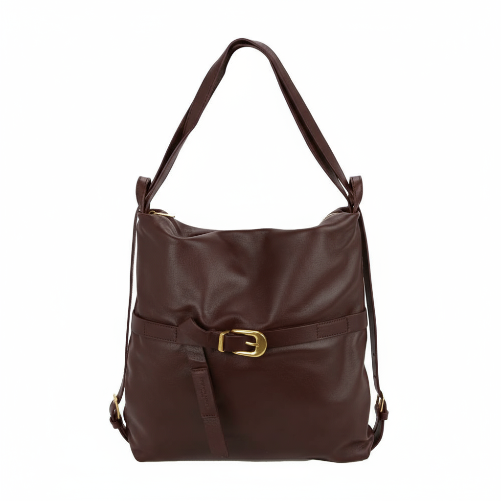 Borsa donna in pelle castano con manici, fibbia dorata, utilizzabile come zaino