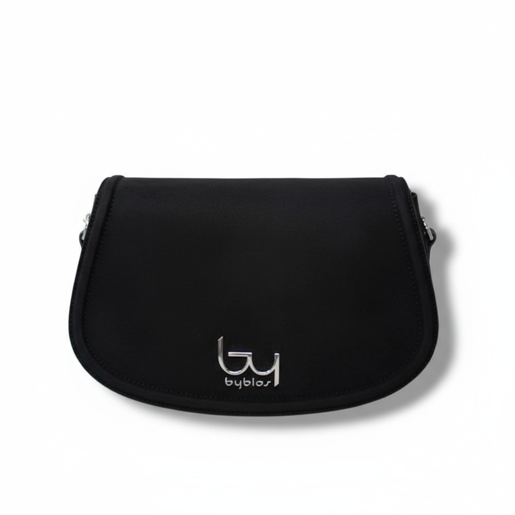 Borsa a spalla sintetica nera con logo 'by' ricamato in bianco, forma ovale