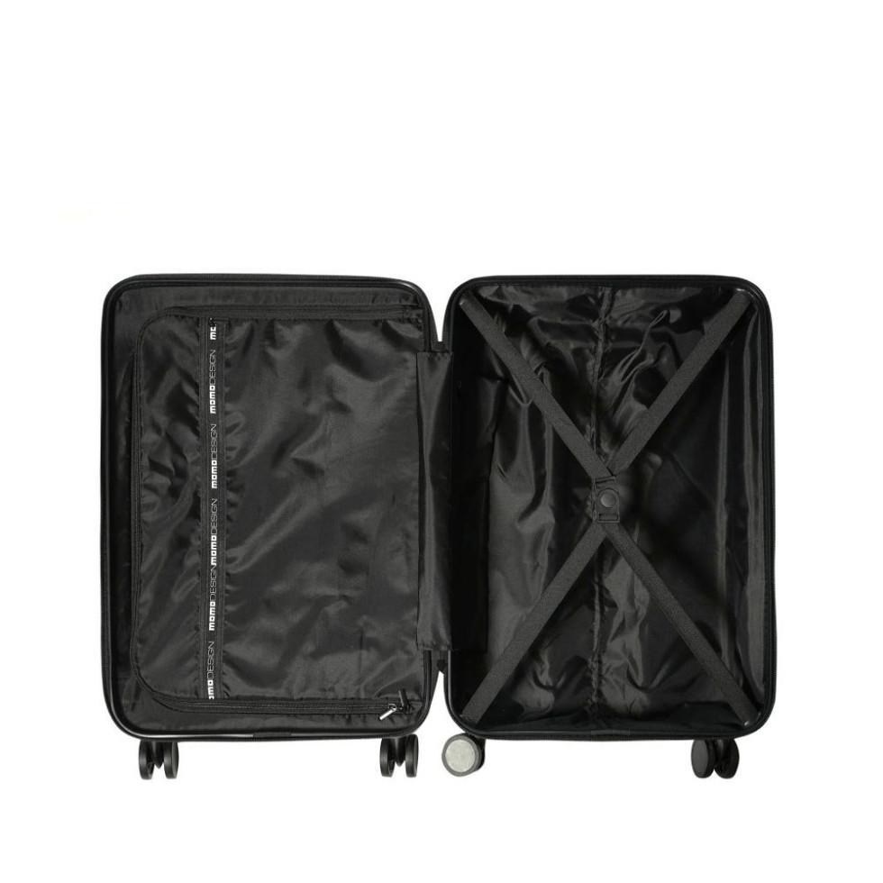 MOMO DESIGN TROLLEY MEDIO UNICA MO-03M BLACK Trolley nero aperto con vano interno e organizer, vista dall'alto con due valigie