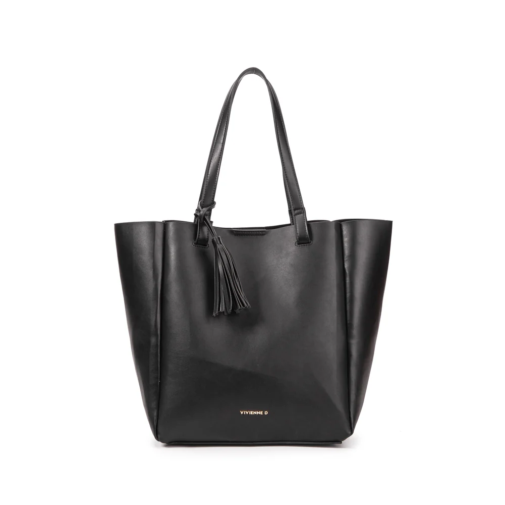 Borsa shopper donna in pelle nera con manici lunghi, vista frontale