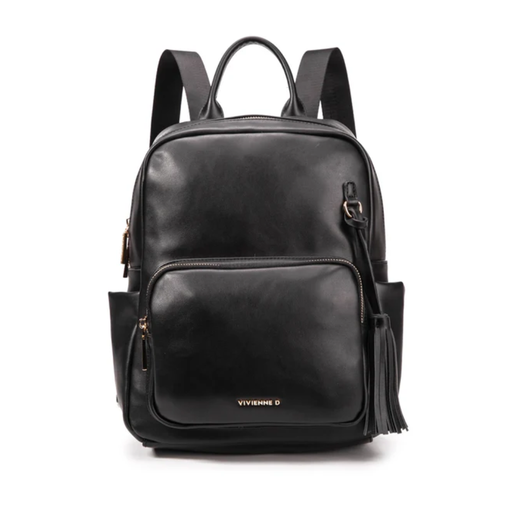 Zaino donna nero Vivienne D, vista frontale, doppi manici imbottiti, due tasche frontali con zip