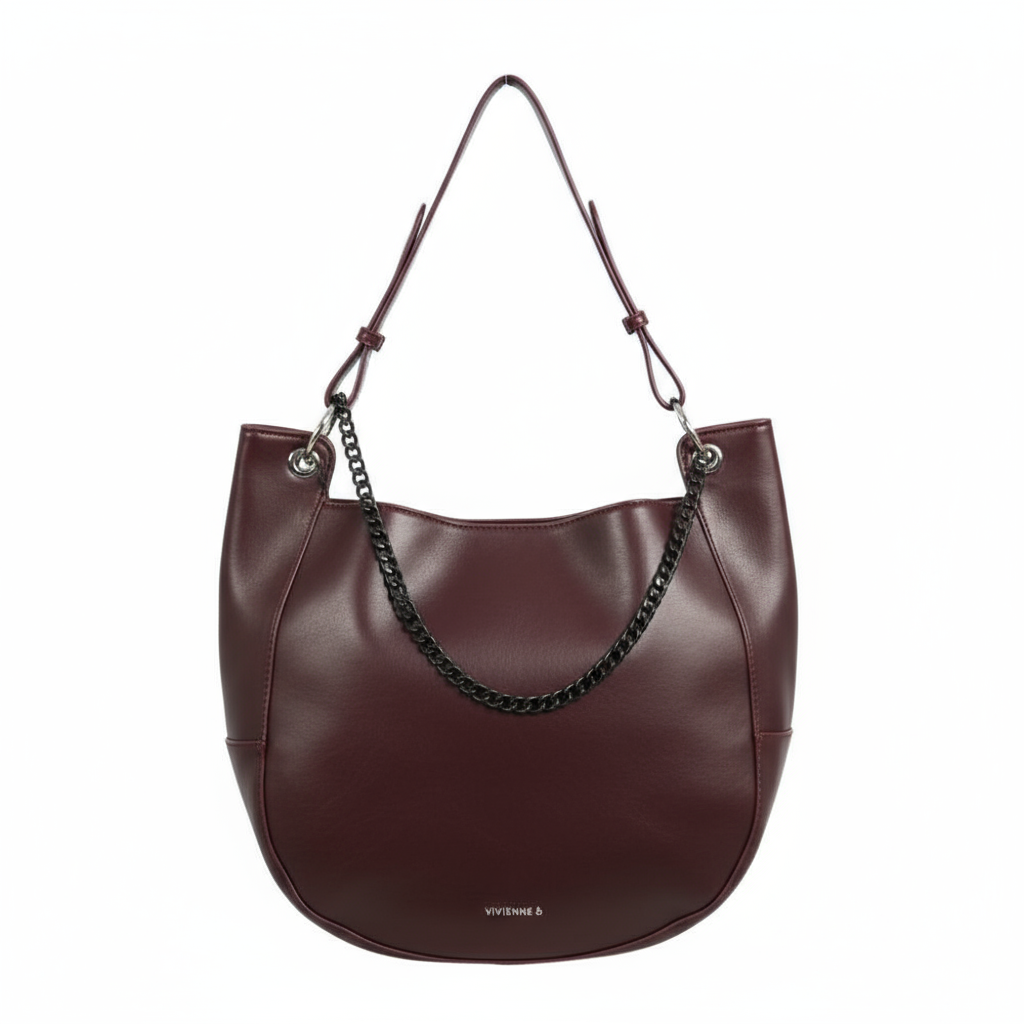 Borsa shopper donna in pelle bordeaux con manici e catena decorativa, vista frontale