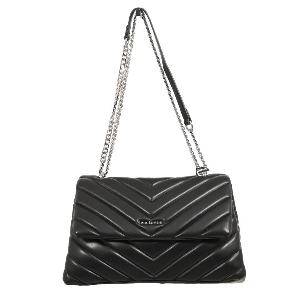 Borsa a spalla donna Vivienne D, nero, tracolla a catena, design matelassé chevron