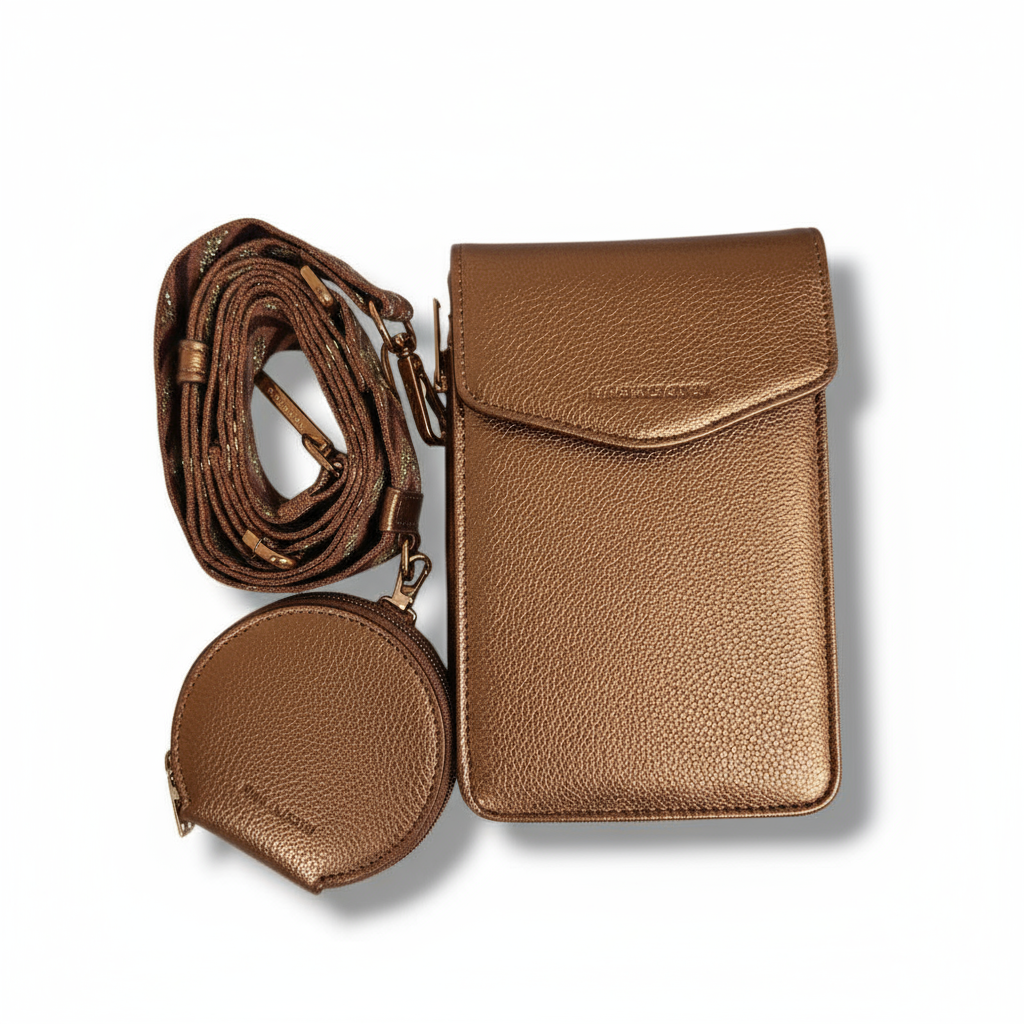 mac alyster mac alyster porta cellulare po-202 bronze - foto 1 Porta cellulare in pelle color bronzo con tracolla, borsa rotonda e cinturino