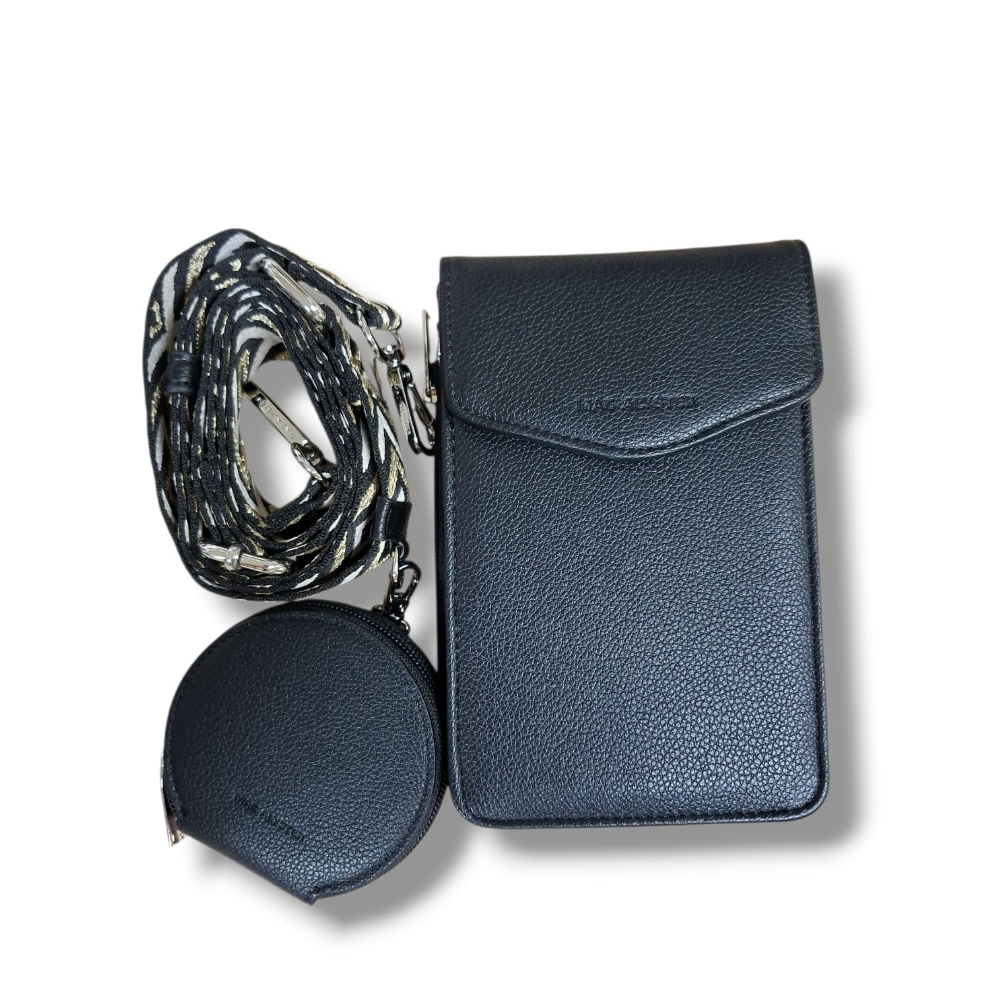 MAC ALYSTER PORTA CELLULARE PO-202 NERO con tracolla a cordoncino intrecciato e custodia rotonda, fondo bianco