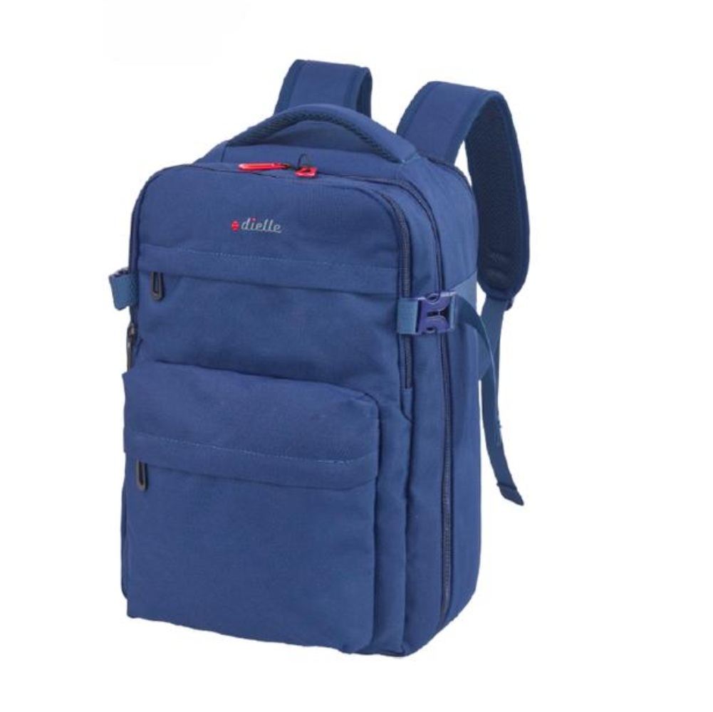 zaino blu in poliestere con spallacci, tasche frontali e design espandibile