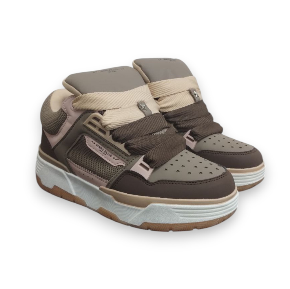 Sneaker hi-top marrone, beige e grigia con velcro, vista da prospettiva tre-quarti