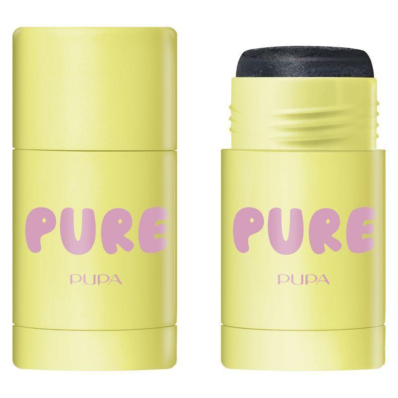 Maschere stick PUPA Pure in confezione gialla, mostrate chiuse e aperte con brush applicatore