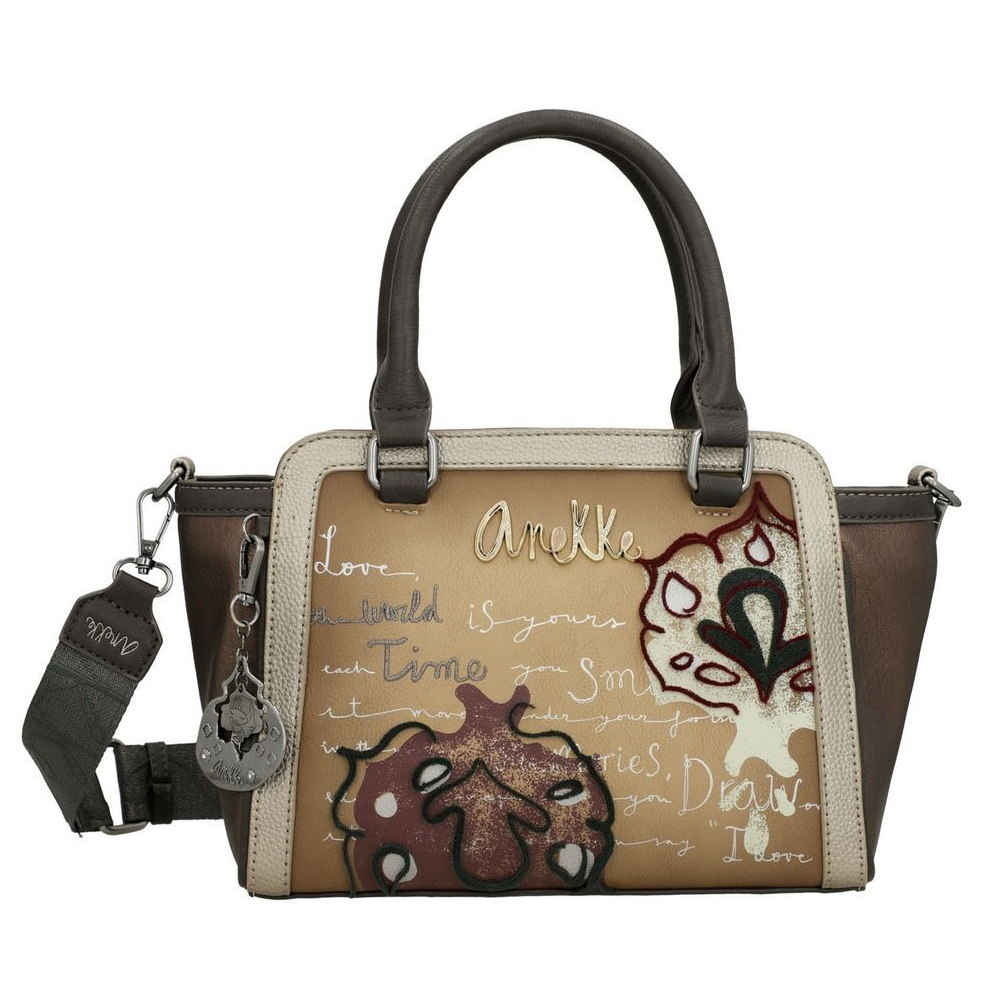 anekke anekke borsa bandolera 41711-032 - foto 1 Borsa a mano ANEKKE con manici neri, corpo tela beige, disegni animali, tracolla removibile