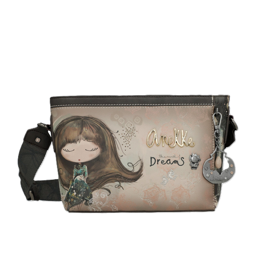 Borsa a tracolla ANEKKE 41703-493 beige/grigio con illustrazione ragazza e scritta Dreams, tracolla nera