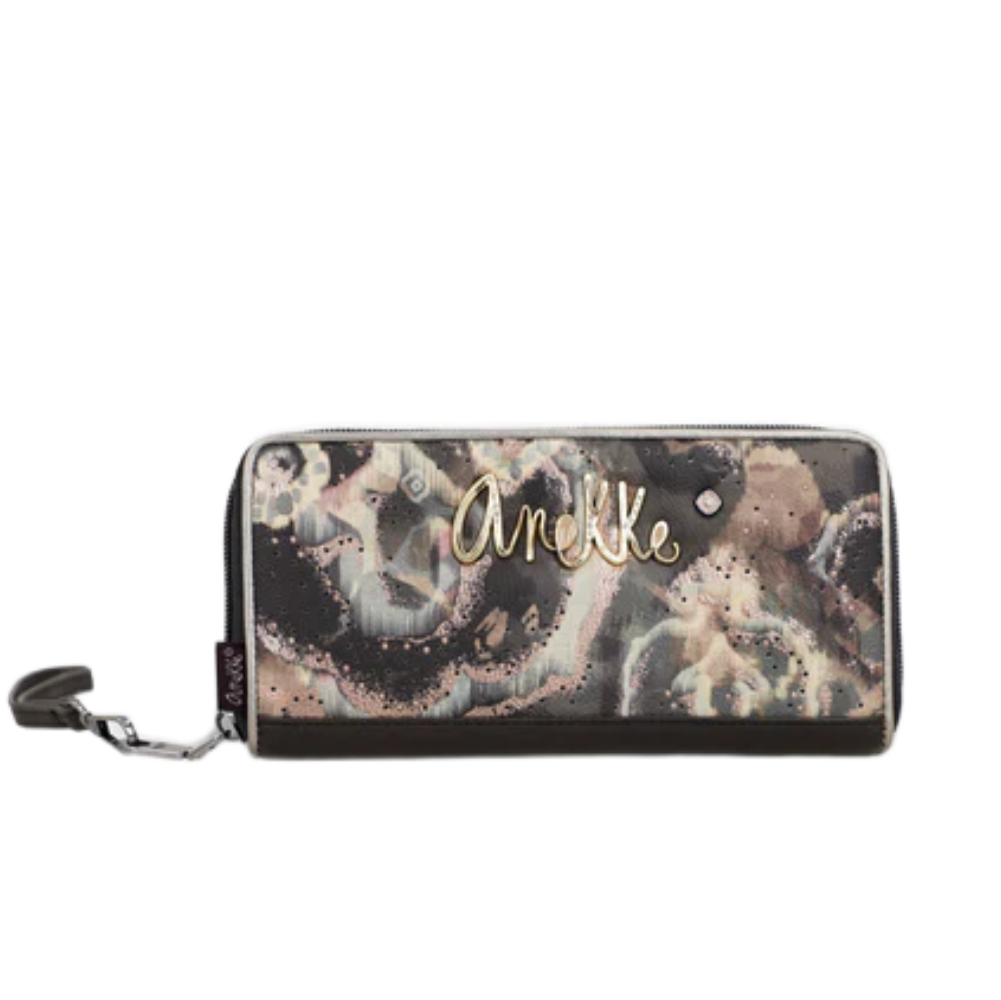 Portafoglio sintetico ANEKKE nero/dorato con motivo decorativo e chiusura a zip