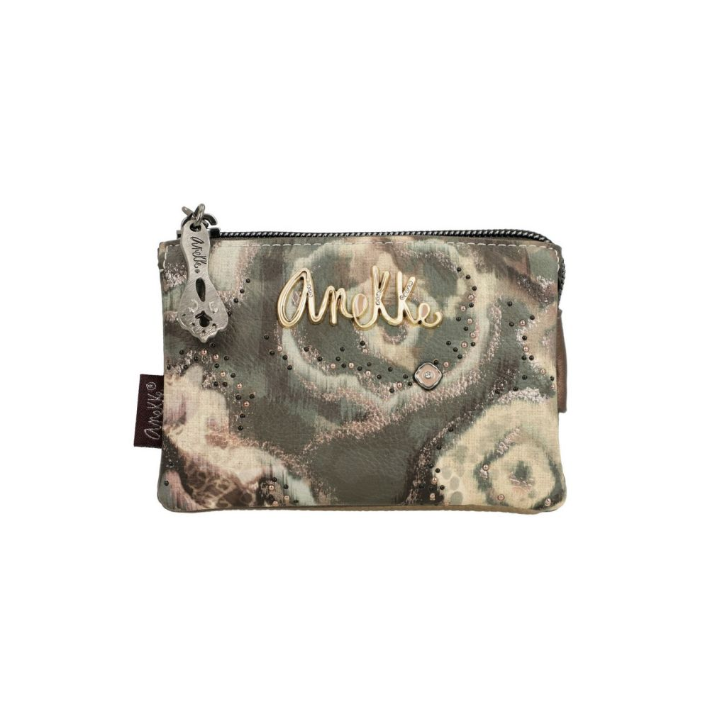 Portafoglio donna ANEKKE con motivo floreale grigio e beige, chiusura zip