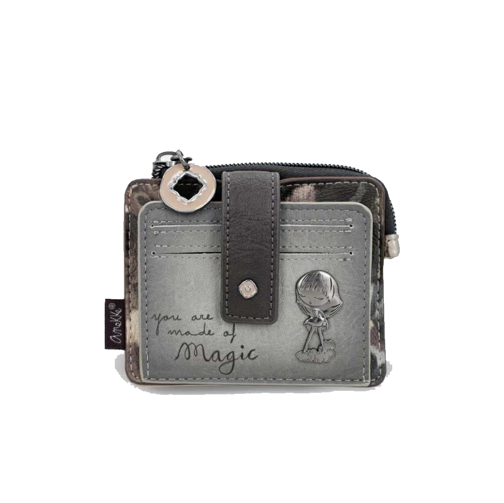 Portafoglio donna ANEKKE con design grigio, charm decorativo, chiusura a zip e taschini interni