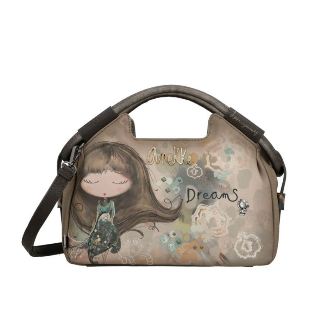 Borsa donna ANEKKE con fantasia illustrata, beige/taupe, dettagli grafici, manici neri