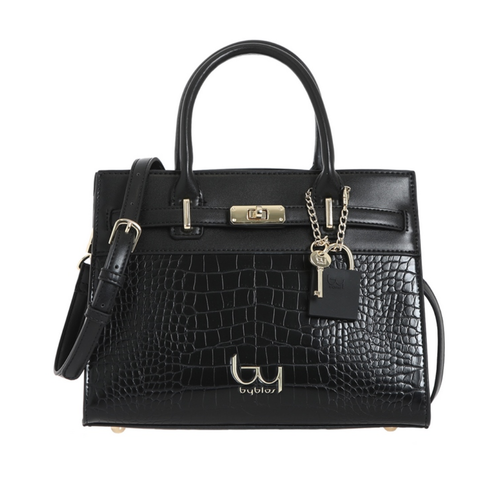 Borsa nera in sintetico con motivo coccodrillo, manici ecopelle, accessori dorati