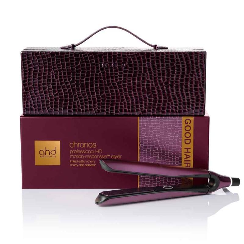 Piastra GHD Chronos Cherry Chic con confezione e custodia, vista frontale