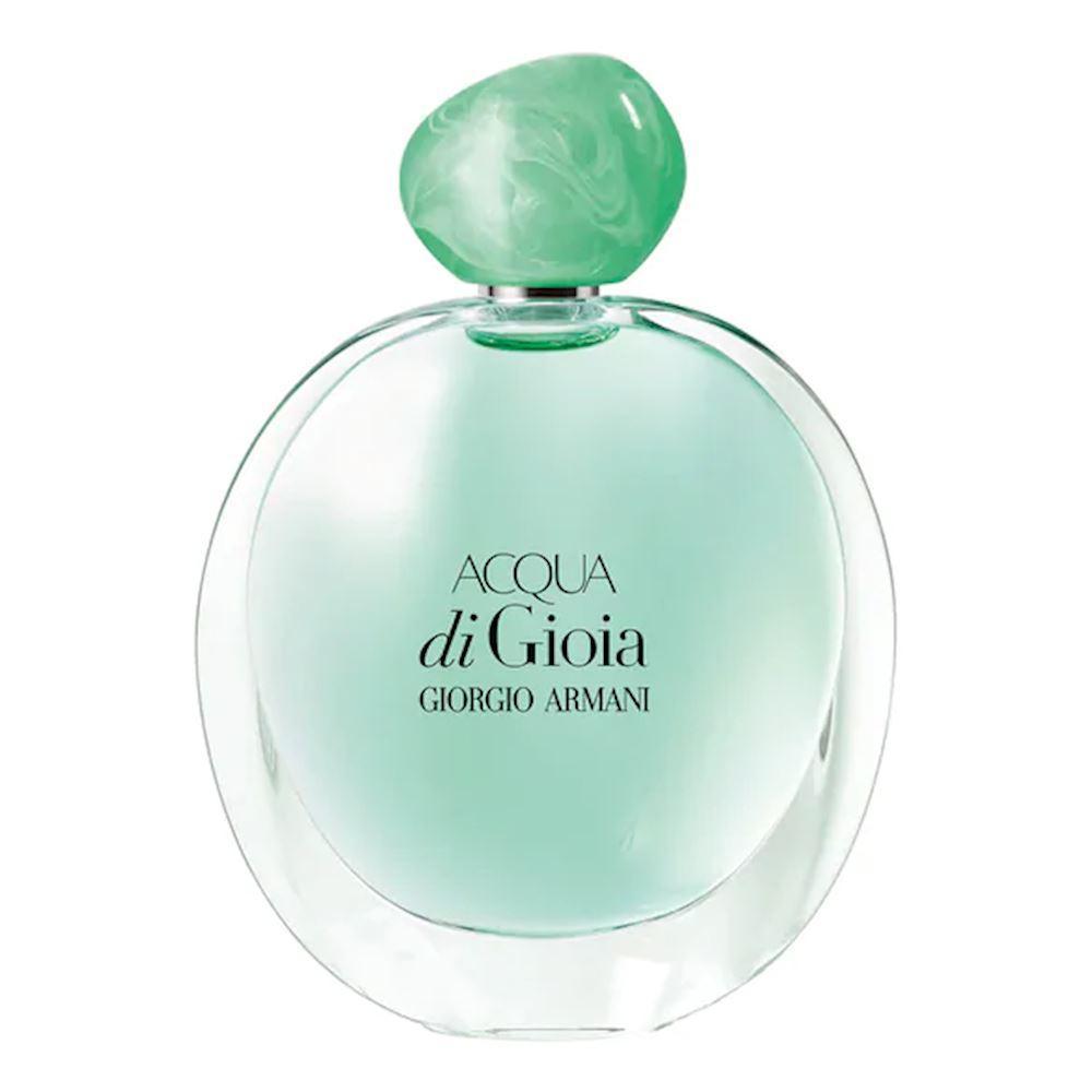 Bottiglia profumo Acqua di Gioia Giorgio Armani 100 ml, tappo sferico verde trasparente, flacone azzurro-verde