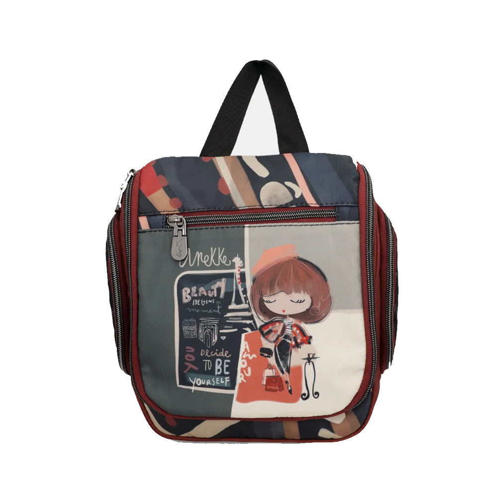 Pochette vanity Anekke marrone con dettagli rossi e motivo decorativo