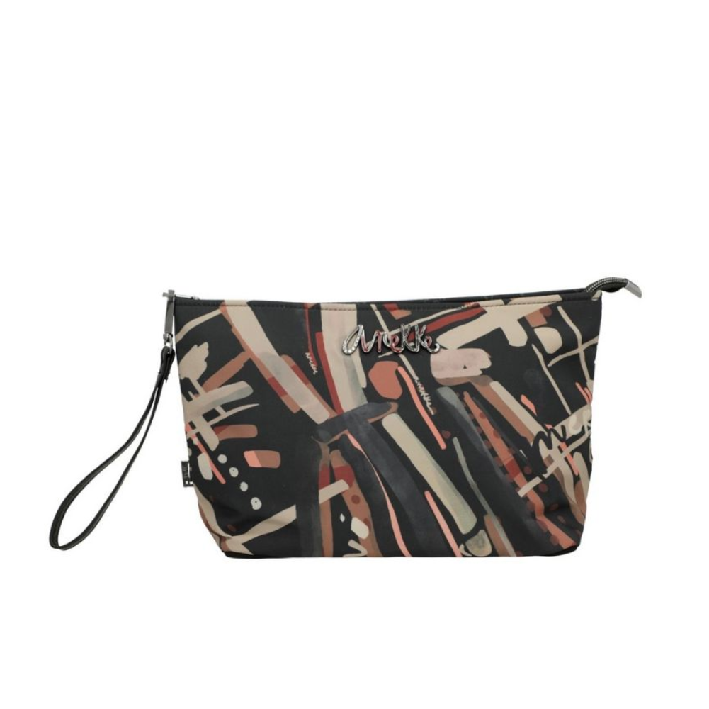 anekke anekke pochette textil 41587-021 - foto 1 Pochette ANEKKE con motivo geometrico, tonalità nere beige e arancioni, con tracolla