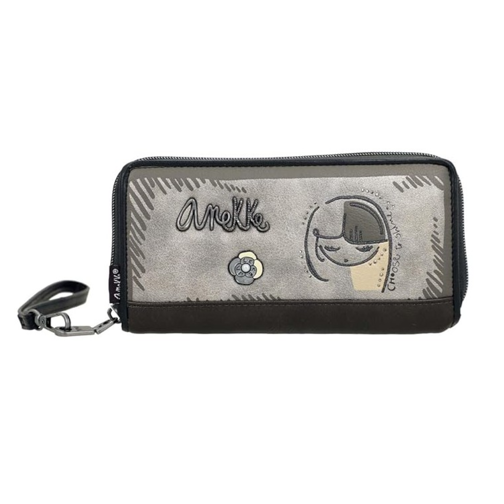 Portafoglio donna ANEKKE con chiusura lampo, bicolore nero e beige con volto stilizzato