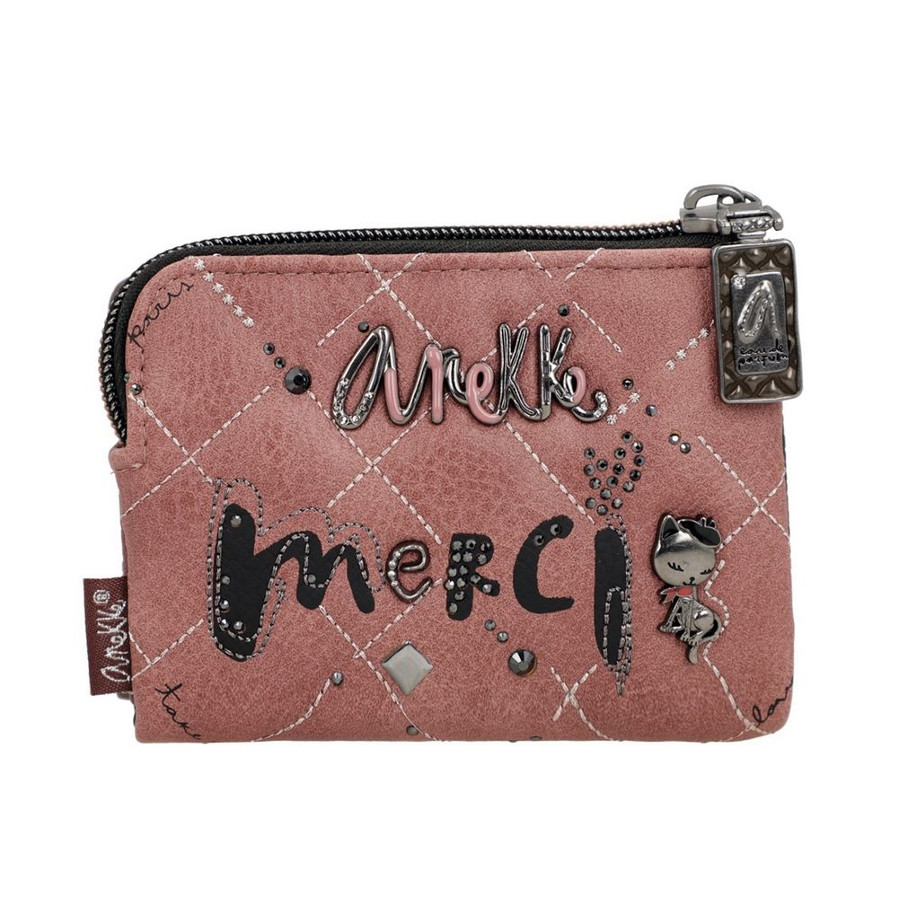 Portafoglio donna ANEKKE rosa con scritte nere decorate e zip, vista frontale