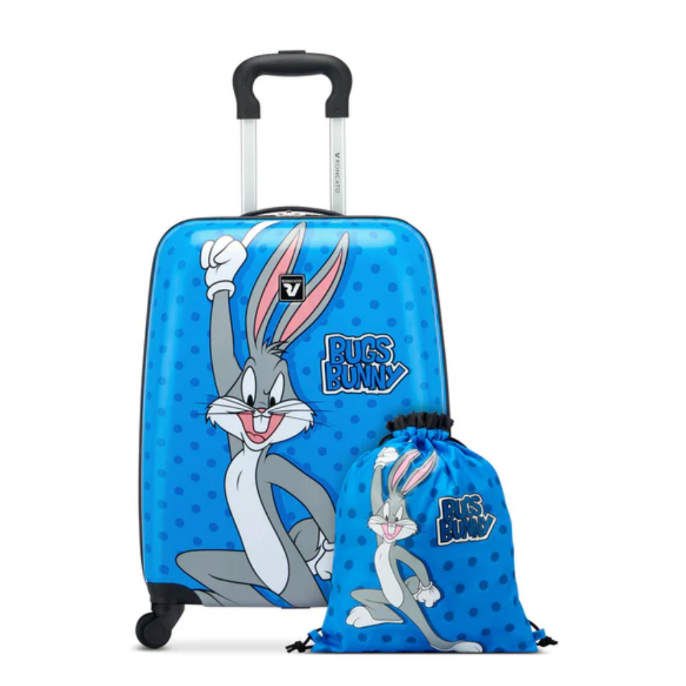 roncato roncato set trolley + zaino + portascarpe + astuccio junior dlx bugs bunny - foto 1 Set trolley blu con Bugs Bunny, zaino coordinato e portascarpe