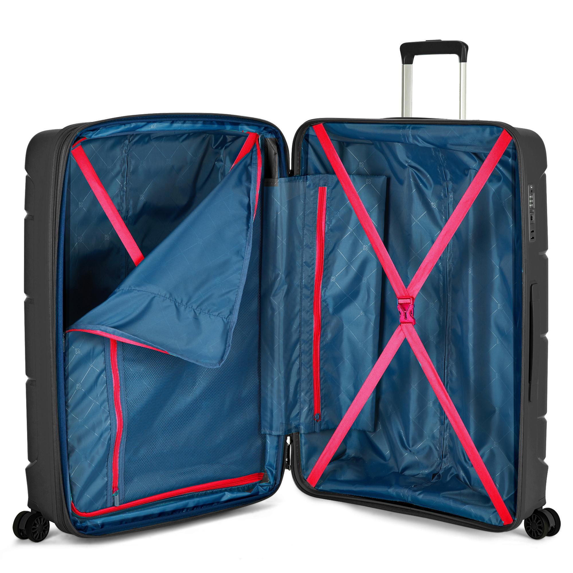Trolley aperto con interno blu, divisori rossi e tasche organizzative