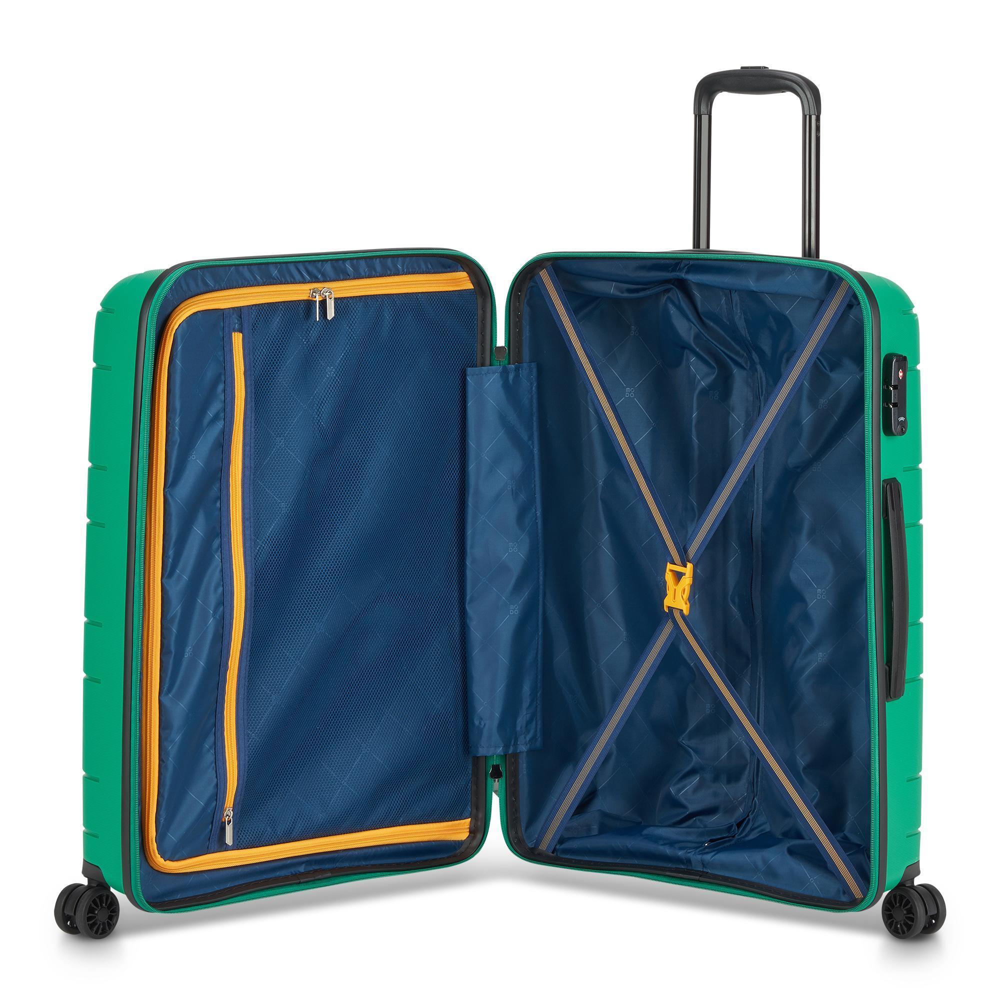 Trolley aperto con interno visibile: lato sinistro chiuso in verde, lato destro aperto con scomparto blu e dettagli arancioni