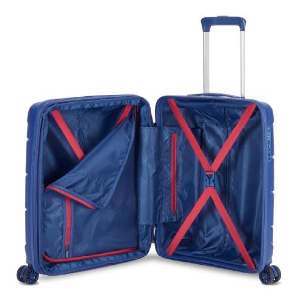 Interno trolley aperto con straps di contenimento rossi in configurazione a X