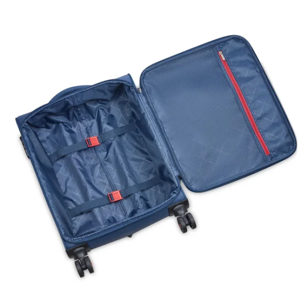 roncato-trolley-piccolo-cabina-eclipse-dark-blue Trolley aperto con scomparti interni, tasche in rete e sistema organizzativo con zip rossa